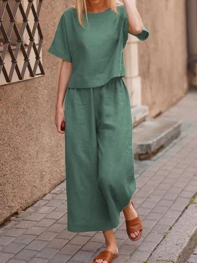 Women Casual Solid Color Short Sleeve T-Shirt Loose Pants Two-Piece Set
