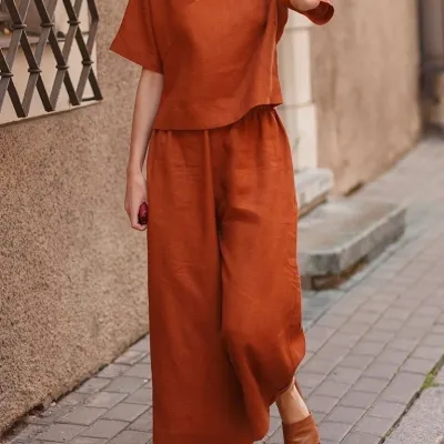 Women Casual Solid Color Short Sleeve T-Shirt Loose Pants Two-Piece Set