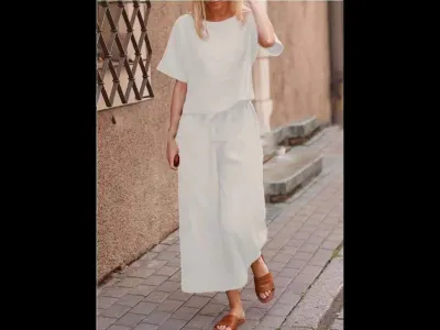Women Casual Solid Color Short Sleeve T-Shirt Loose Pants Two-Piece Set
