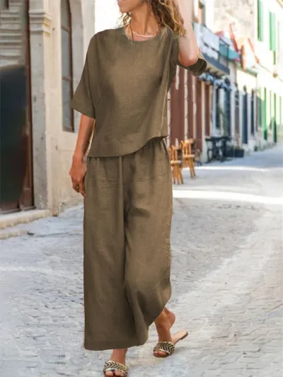 Women Casual Solid Color Short Sleeve T-Shirt Loose Pants Two-Piece Set