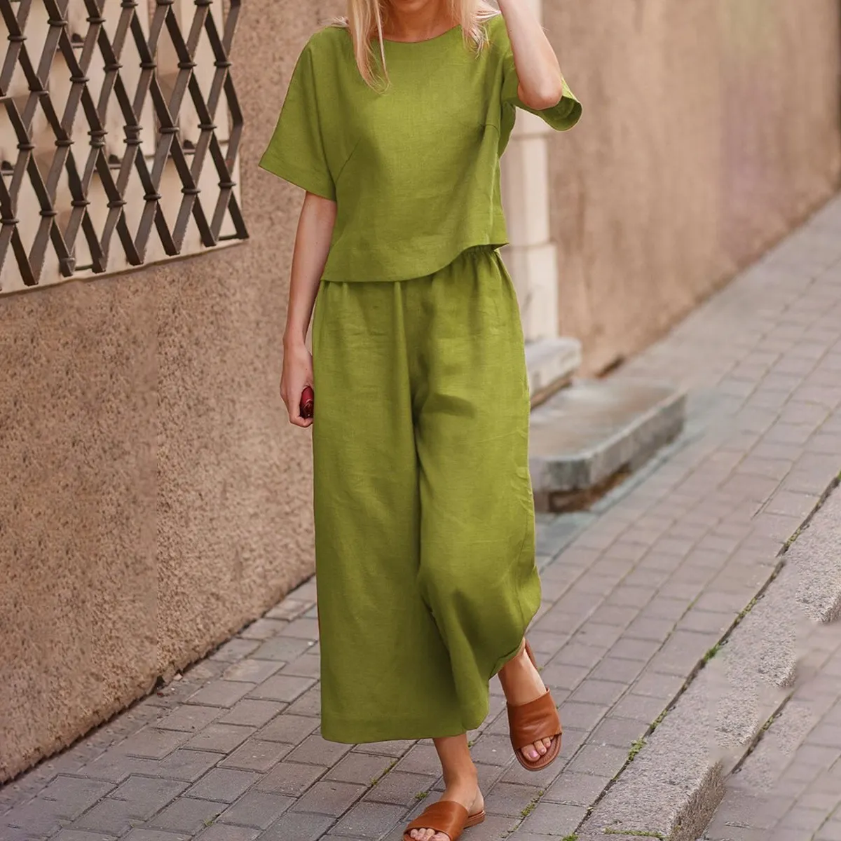 Women Casual Solid Color Short Sleeve T-Shirt Loose Pants Two-Piece Set