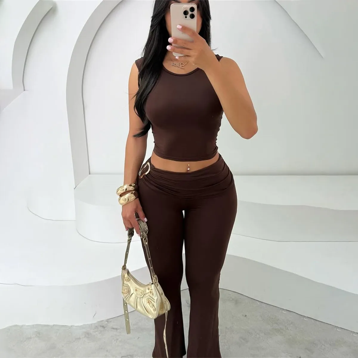Women's Street Hipster Sleeveless Tank Top and Tight Pants Two-Piece Set in Milk Fiber Solid Color