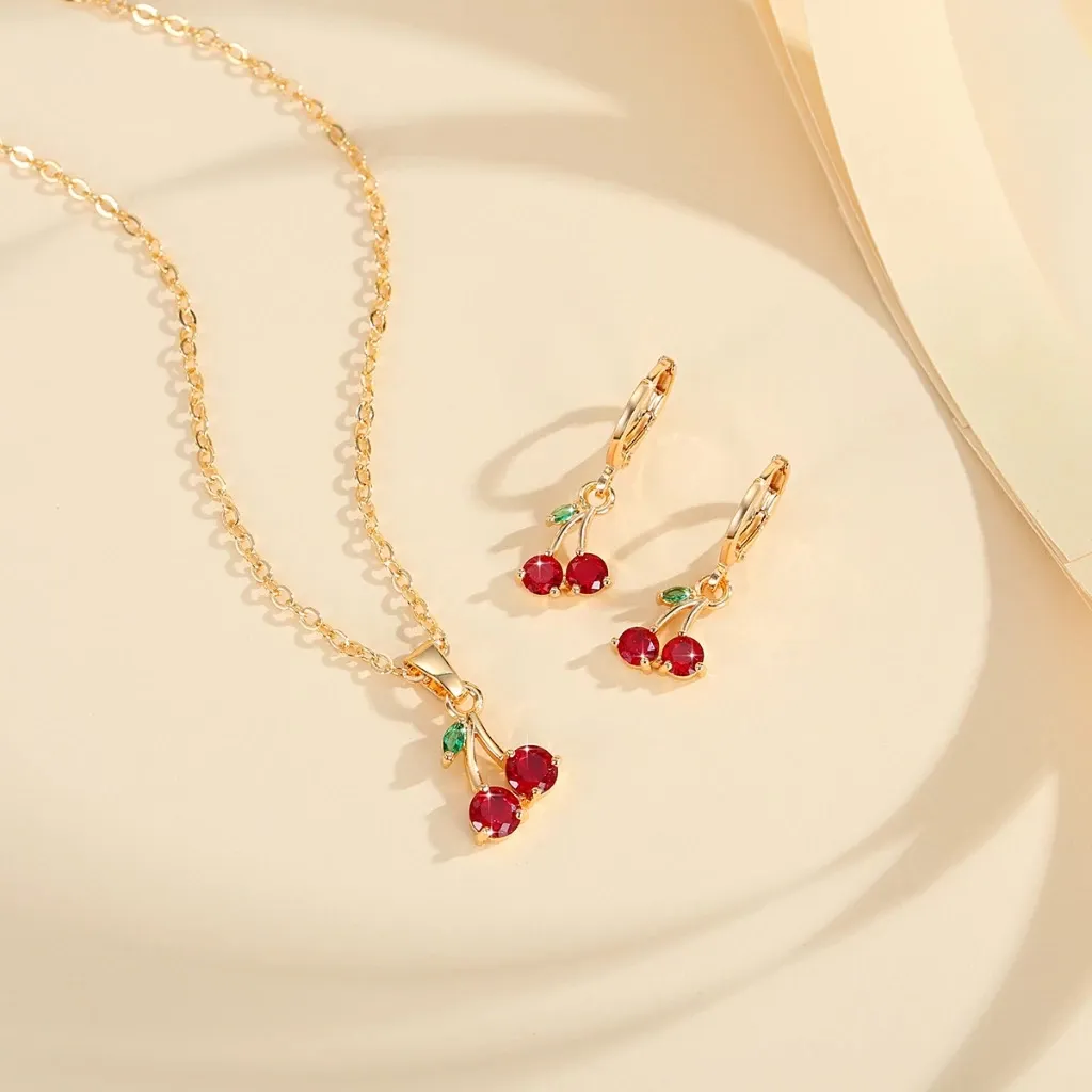 Fashion Cute Cherry O Chain Pendant Earrings Jewelry Set Copper