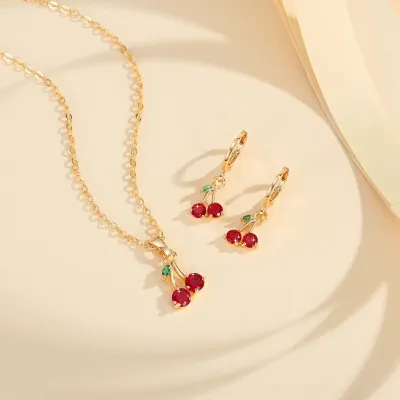 Fashion Cute Cherry O Chain Pendant Earrings Jewelry Set Copper