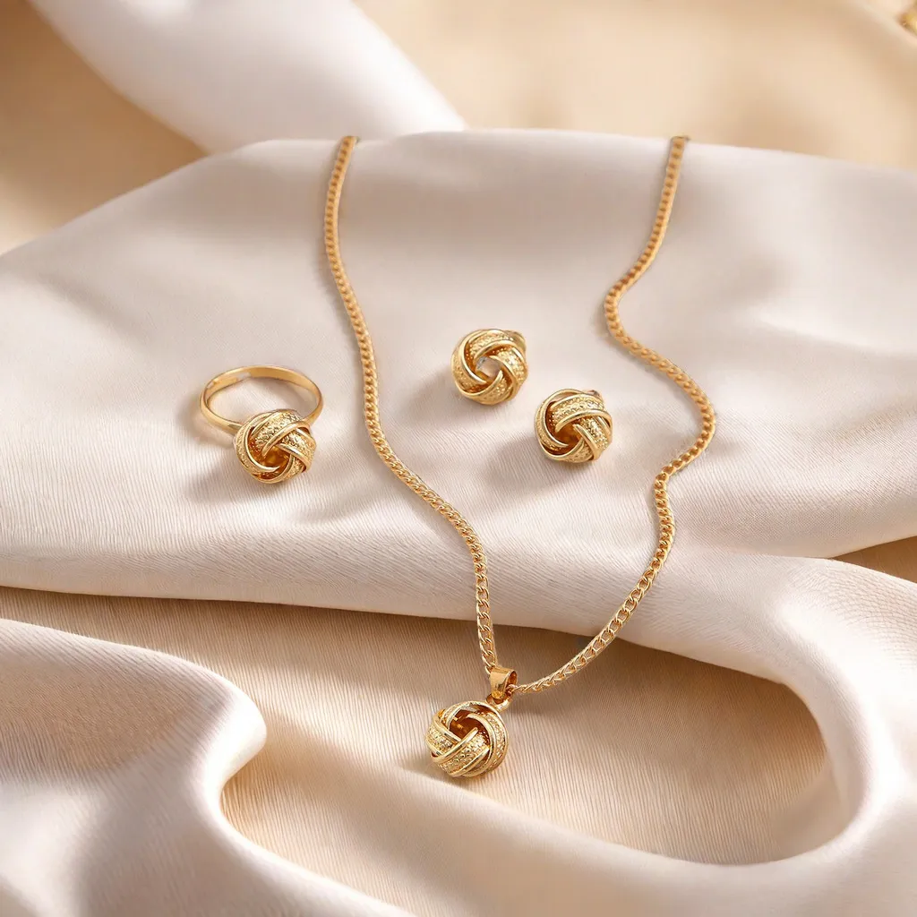 Fashion Alloy Metal Necklace Ring Earrings Jewelry Three Piece Set
