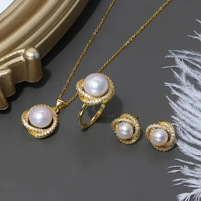 Fashion Elegant Winding Pearl Necklace Earrings Ring Three-Piece Set