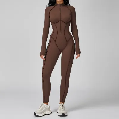Women's Half-Zipper Long-Sleeve Tight Yoga Jumpsuit - Solid Color Sportswear
