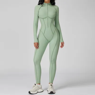 Women's Half-Zipper Long-Sleeve Tight Yoga Jumpsuit - Solid Color Sportswear