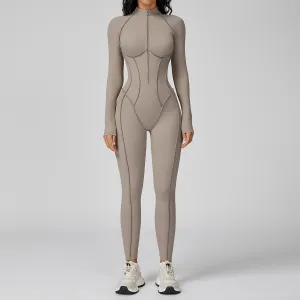 Women's Half-Zipper Long-Sleeve Tight Yoga Jumpsuit - Solid Color Sportswear