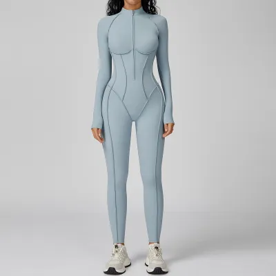 Women's Half-Zipper Long-Sleeve Tight Yoga Jumpsuit - Solid Color Sportswear