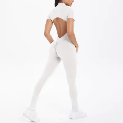 Women's Solid Color Backless Tight Sports Jumpsuit
