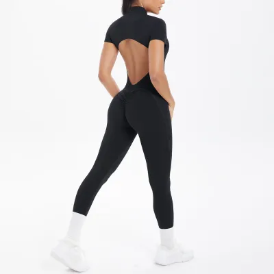 Women's Solid Color Backless Tight Sports Jumpsuit