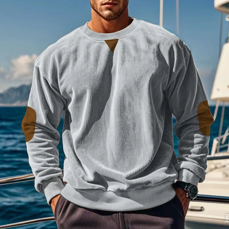 Men Casual Corduroy Long Sleeve Pullover Crewneck Sweatshirt Solid Color
