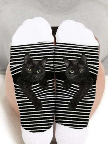 Men White Stripe Animal Cat Print Mid-Calf Socks