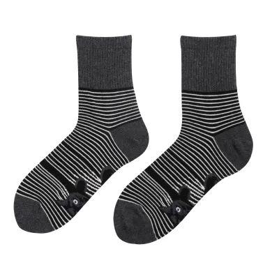 Men White Stripe Animal Cat Print Mid-Calf Socks