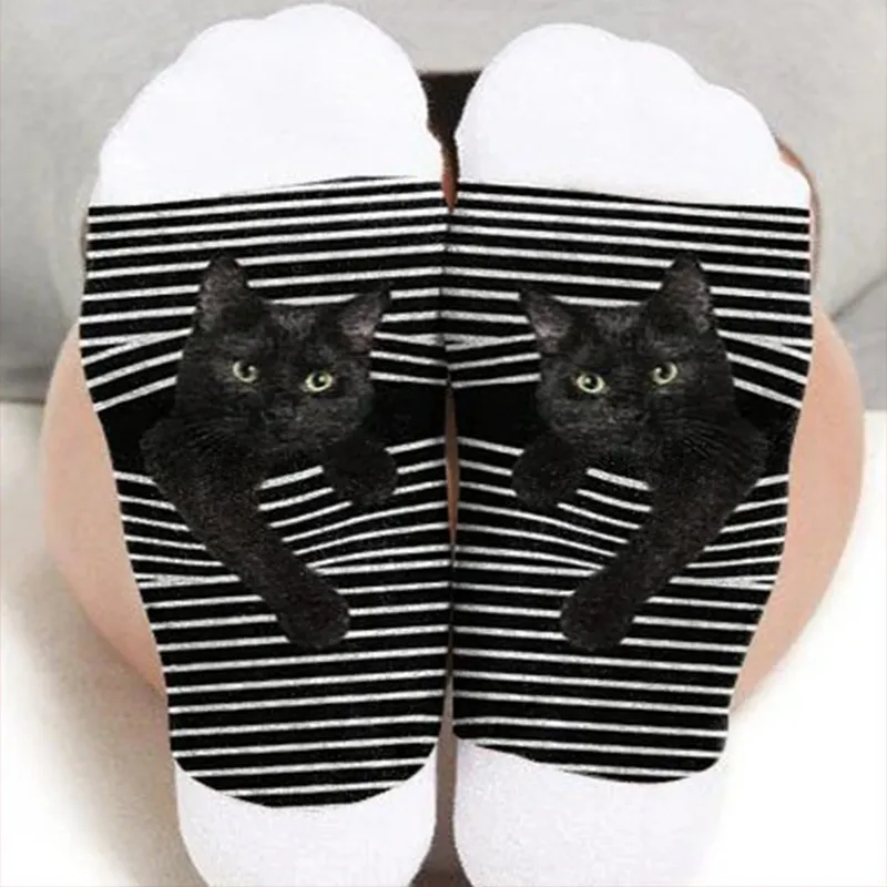Men White Stripe Animal Cat Print Mid-Calf Socks