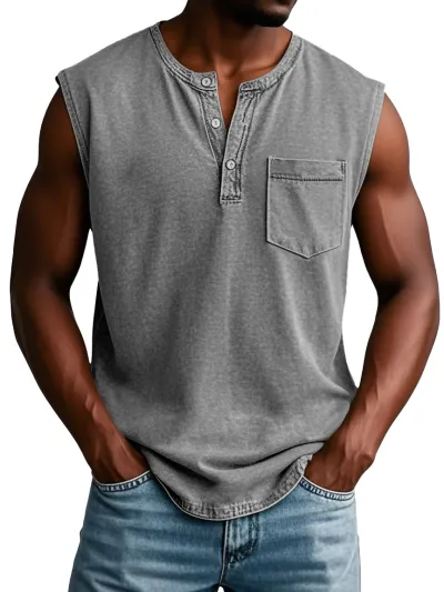 Solid Color Men 3-Button Sleeveless Loose Pullover T-Shirt