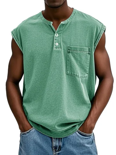 Solid Color Men 3-Button Sleeveless Loose Pullover T-Shirt