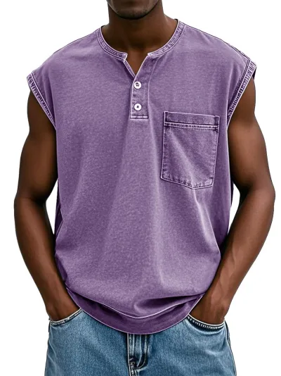 Solid Color Men 3-Button Sleeveless Loose Pullover T-Shirt