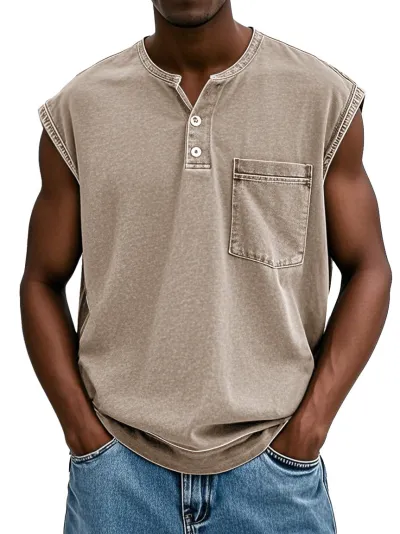 Solid Color Men 3-Button Sleeveless Loose Pullover T-Shirt