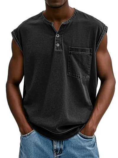 Solid Color Men 3-Button Sleeveless Loose Pullover T-Shirt