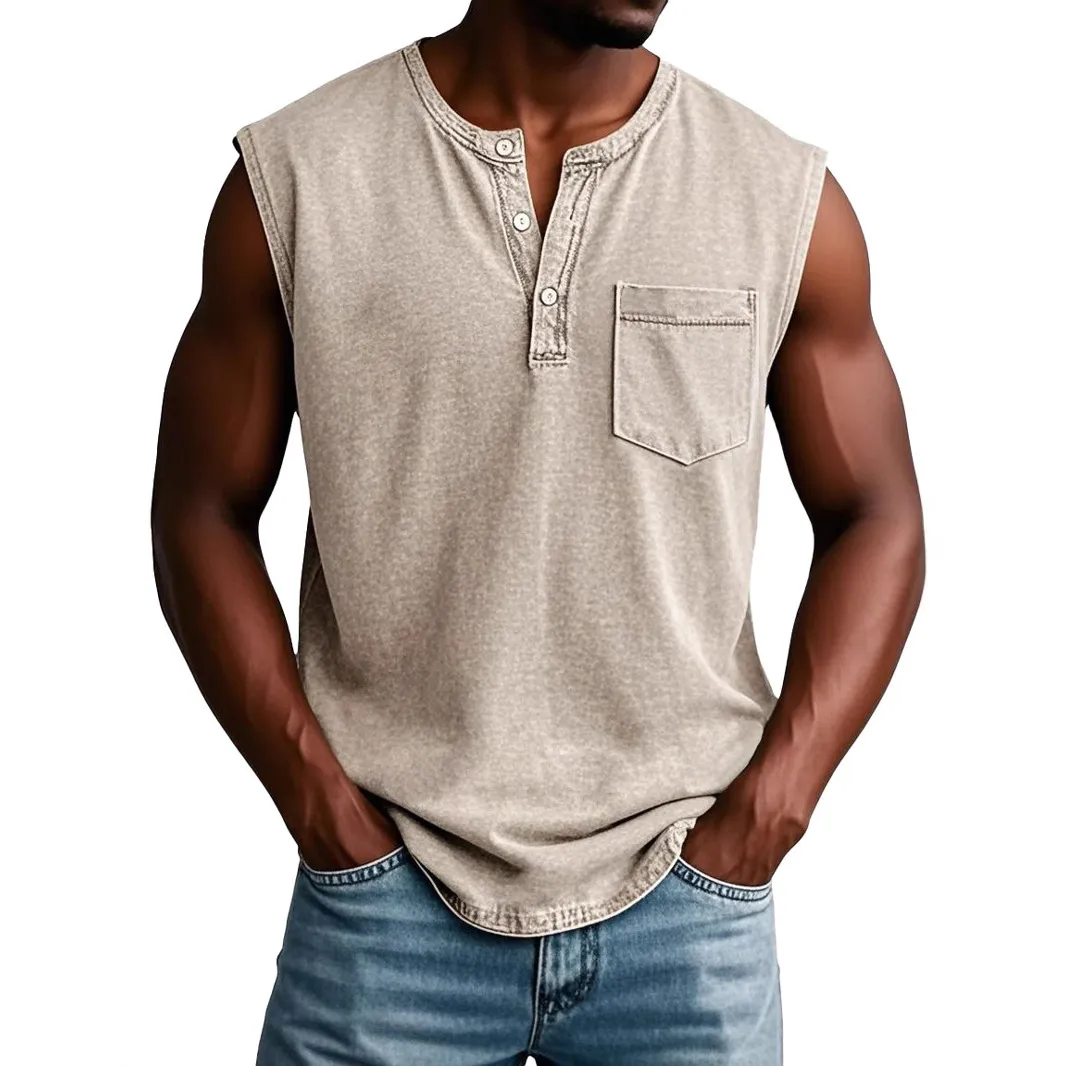 Solid Color Men 3-Button Sleeveless Loose Pullover T-Shirt