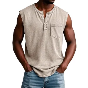 Solid Color Men 3-Button Sleeveless Loose Pullover T-Shirt