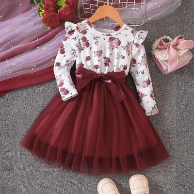 Autumn Winter Girls Fashion Long Sleeve Printed Mesh A-Line Dress