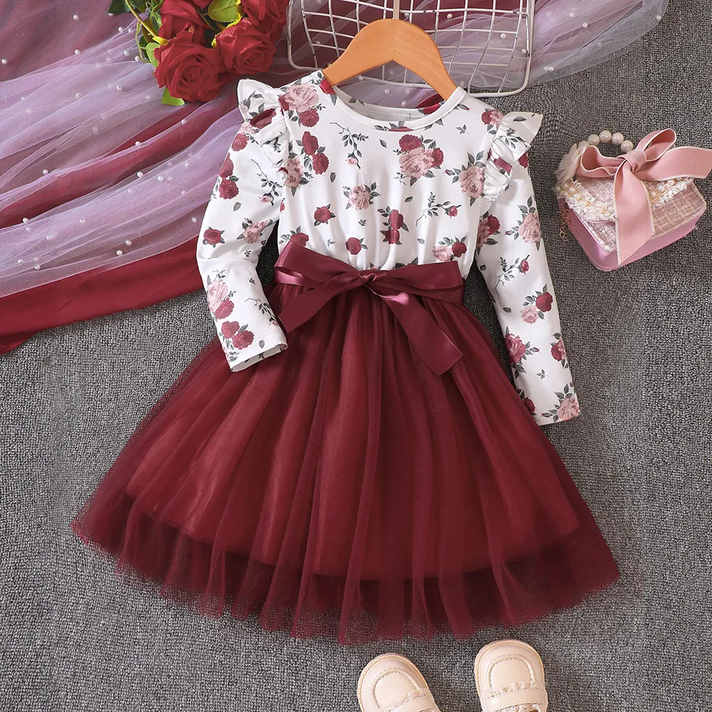 Autumn Winter Girls Fashion Long Sleeve Printed Mesh A-Line Dress
