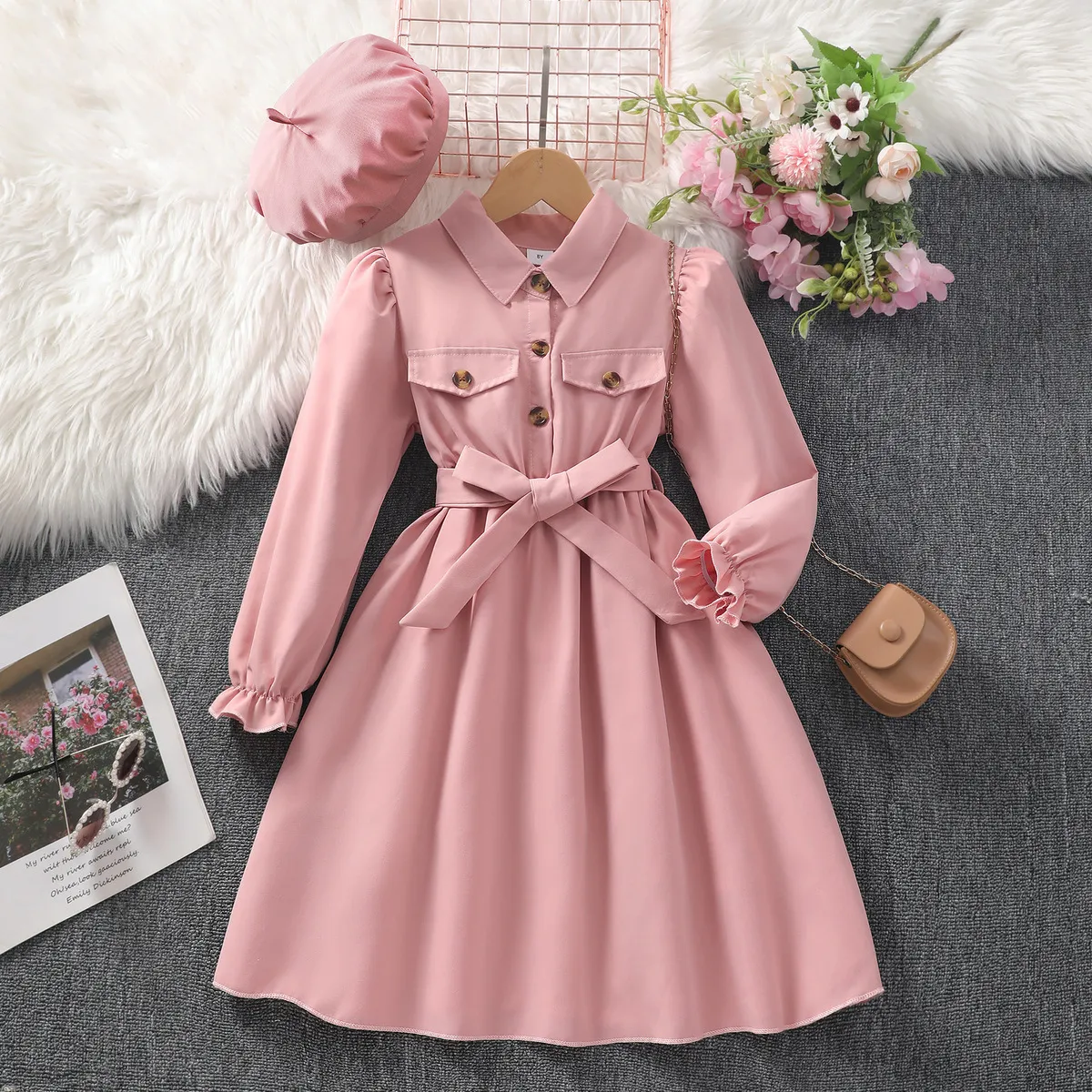 Autumn Winter Girls Elegant Solid Color Long Sleeve Princess Dress