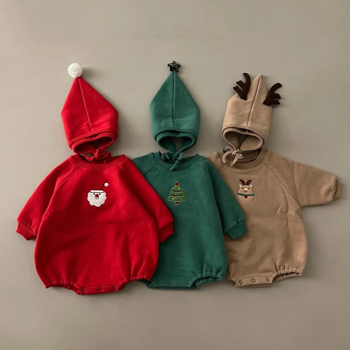 Kids Baby's Fashion Christmas Fleece-Lined Long-Sleeve Rompers Hat Two-Piece Set