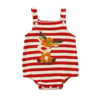 Kids Baby Girl Fashion Stripe Christmas Waffled Embroidered Pattern Sleeveless Rompers