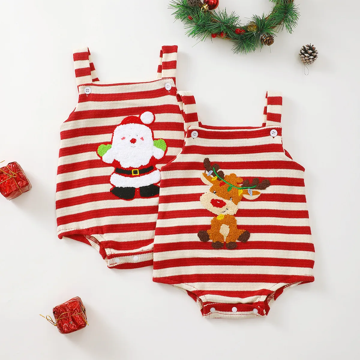 Kids Baby Girl Fashion Stripe Christmas Waffled Embroidered Pattern Sleeveless Rompers