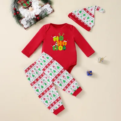 Kids Baby Christmas Print Long Sleeve Rompers Pants Hats 3-Piece Set