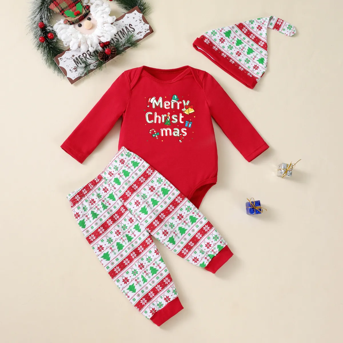 Kids Baby Christmas Print Long Sleeve Rompers Pants Hats 3-Piece Set