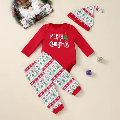 Kids Baby Christmas Print Long Sleeve Rompers Pants Hats 3-Piece Set