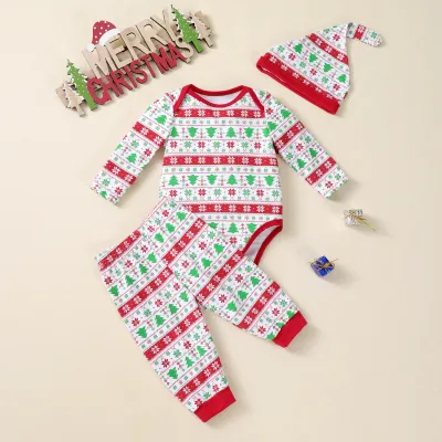 Kids Baby Christmas Print Long Sleeve Rompers Pants Hats 3-Piece Set