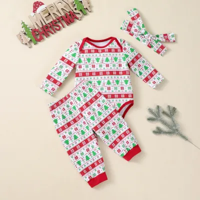 Kids Baby Christmas Print Long Sleeve Rompers Pants Hats 3-Piece Set