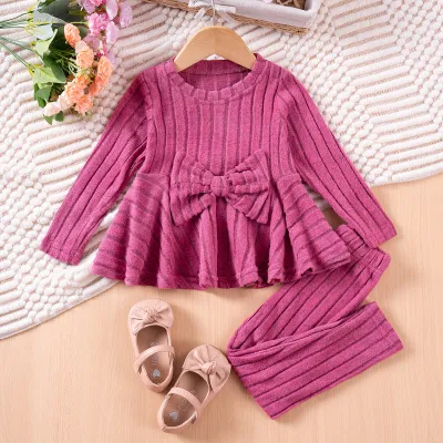 Autumn And Winter Girls Fashion Solid Color Bow Long Sleeve Top And Pants Two-Piece Set