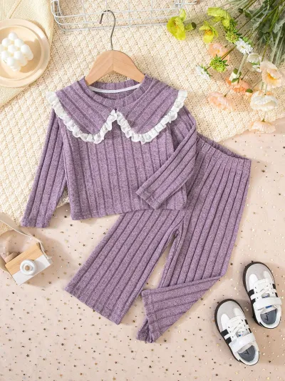 Autumn Winter Girls Ruffled Long Sleeve Top Pants Two-Piece Set Leisure Solid Color