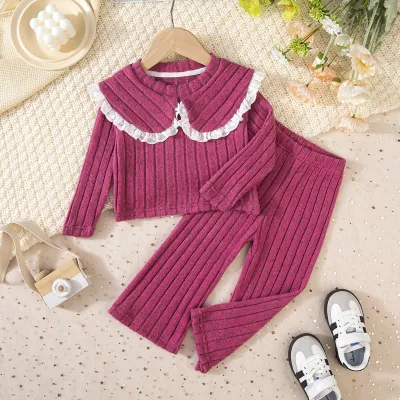 Autumn Winter Girls Ruffled Long Sleeve Top Pants Two-Piece Set Leisure Solid Color
