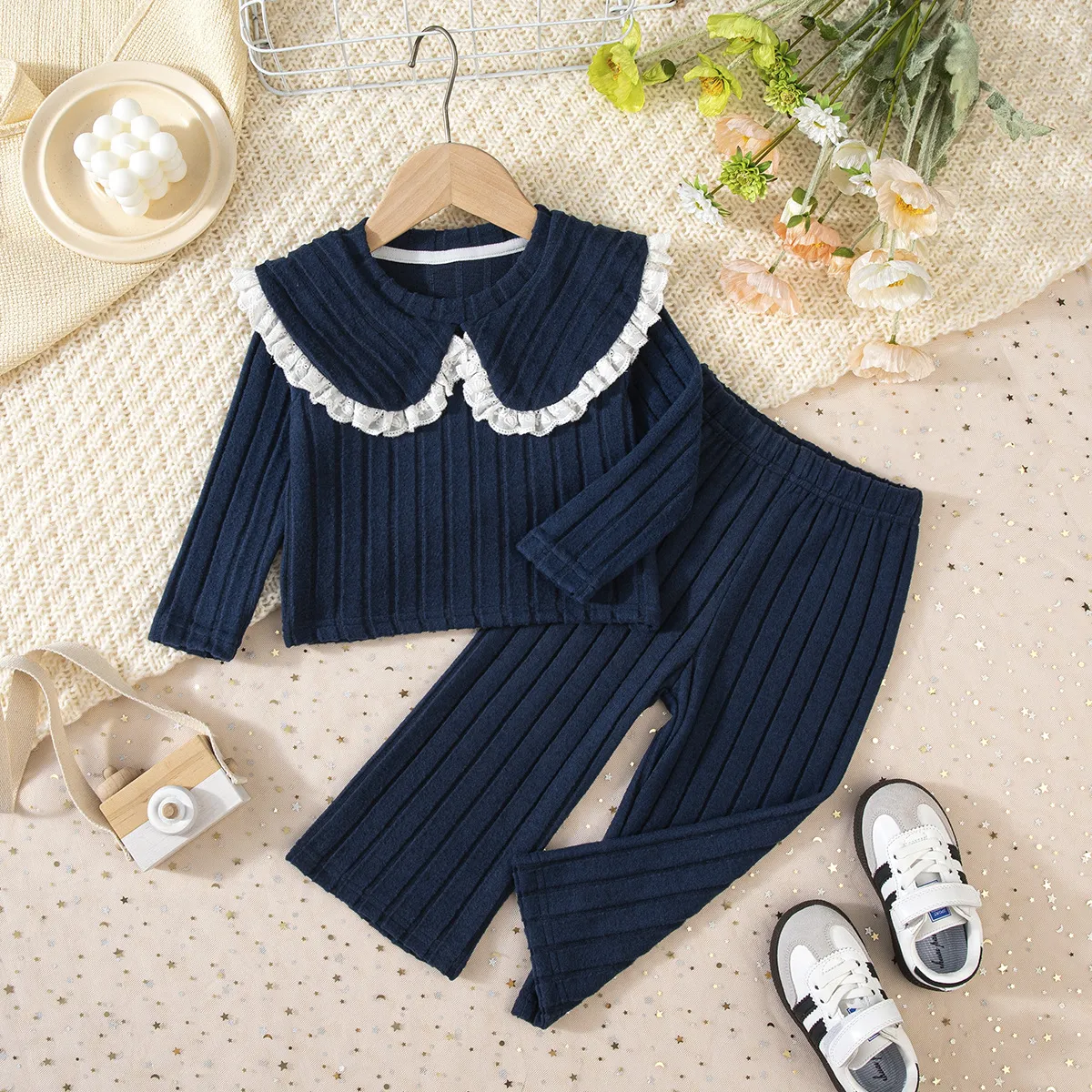 Autumn Winter Girls Ruffled Long Sleeve Top Pants Two-Piece Set Leisure Solid Color
