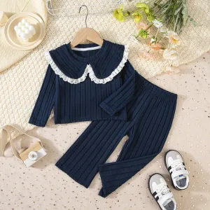 Autumn Winter Girls Ruffled Long Sleeve Top Pants Two-Piece Set Leisure Solid Color
