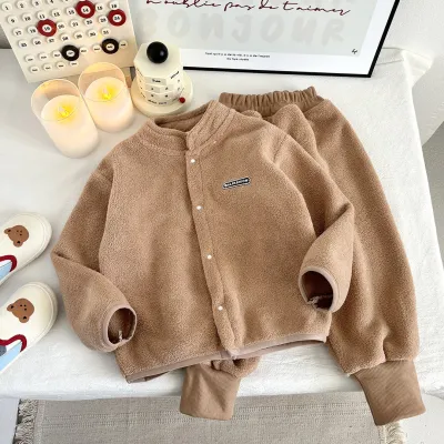 Autumn Winter Kids Boys Casual Plush Top Pants Two-Piece Set Long Sleeve Thickened Solid Color Neutral
