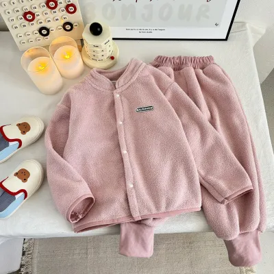 Autumn Winter Kids Boys Casual Plush Top Pants Two-Piece Set Long Sleeve Thickened Solid Color Neutral