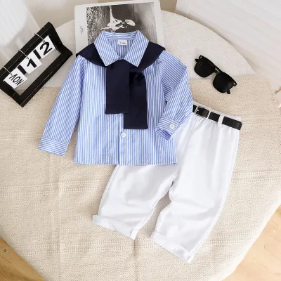 GirlS Fashion Stripe Long Sleeve Shirt And Pants Two-Piece Set