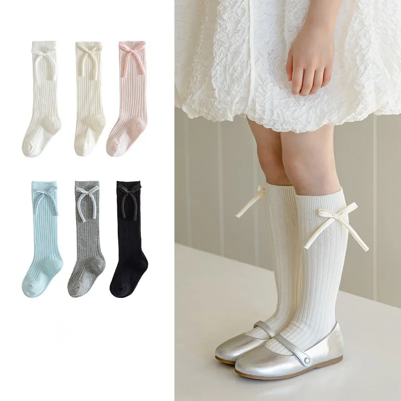 Kids Fashion Casual Solid Color Bowknot Socks for Girls Mid-Calf Cotton
