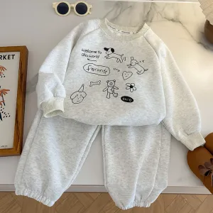 Autumn Winter Kids Boys Cartoon Print Cotton Sweatshirt Sweatpants Two-Piece Set