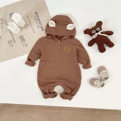 Baby Cartoon Bear Hooded Romper Long Sleeve Flannel Romper for Autumn Winter