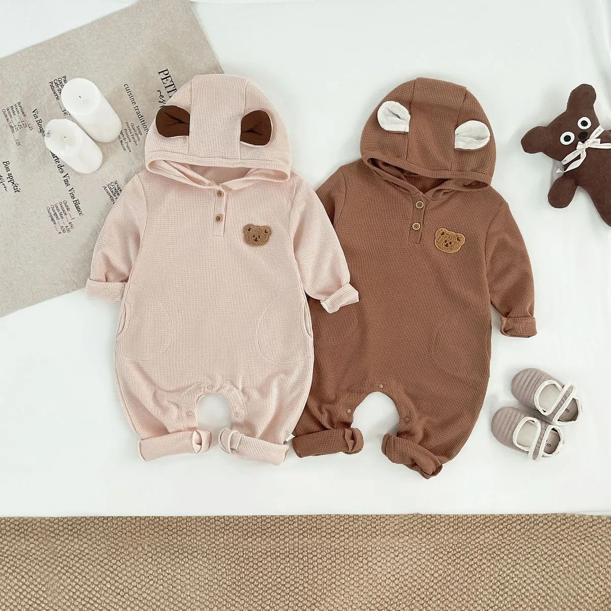 Baby Cartoon Bear Hooded Romper Long Sleeve Flannel Romper for Autumn Winter